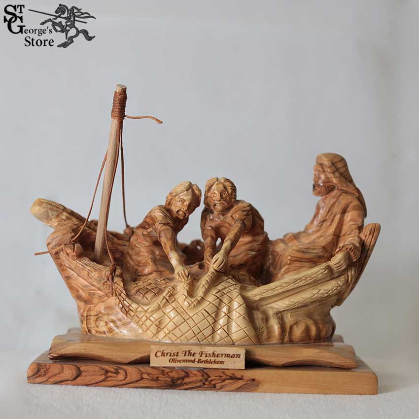 Gorgeous Jesus Christ Miracle of the Fisherman Holy Land Olive Wood Sculpture 